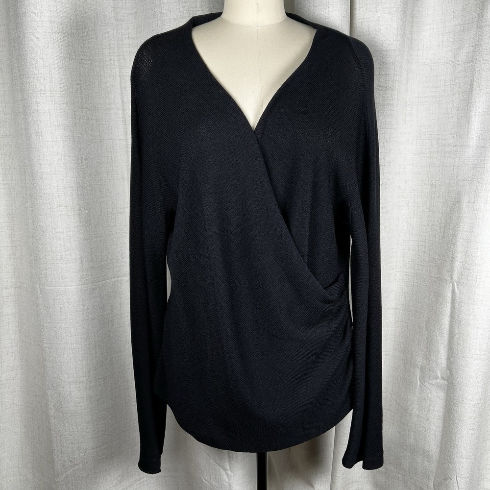 Vintage St John Women's XL Black Faux Wrap Sweater Knit Top USA FLAWED